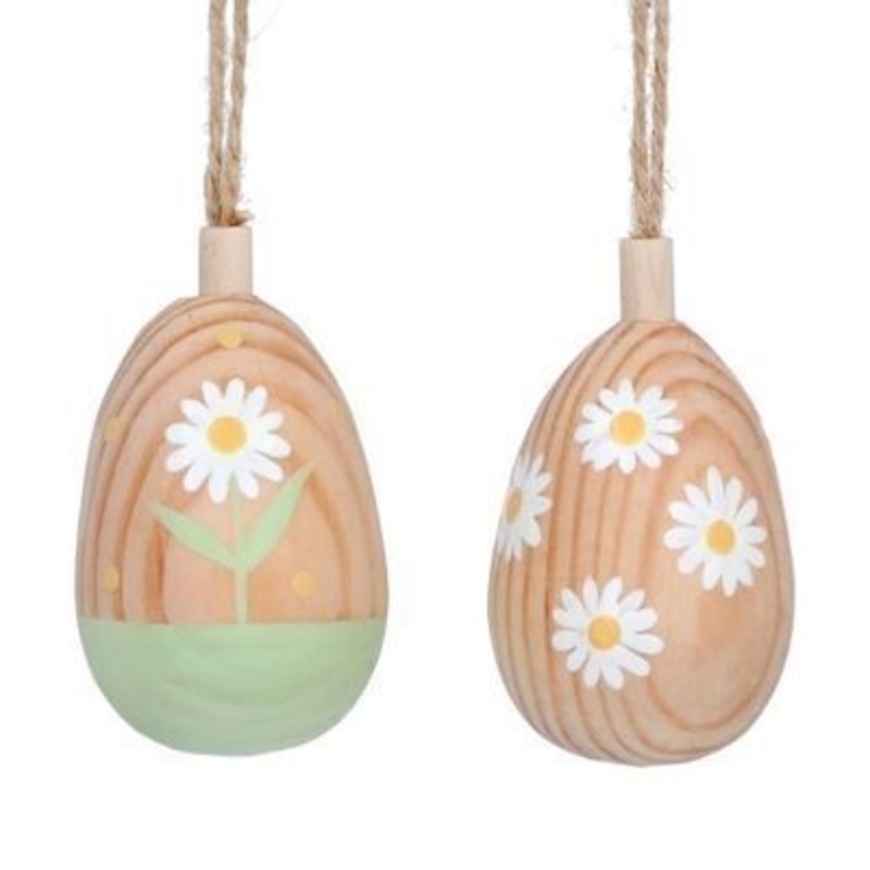 Natural Wood Egg Decoration By Gisela Graham Natural wooden egg shaped hanging decoration with grass and daisy design or daisy design. The perfect addition to your home for  Spring. 2 designs. By Gisela Graham.